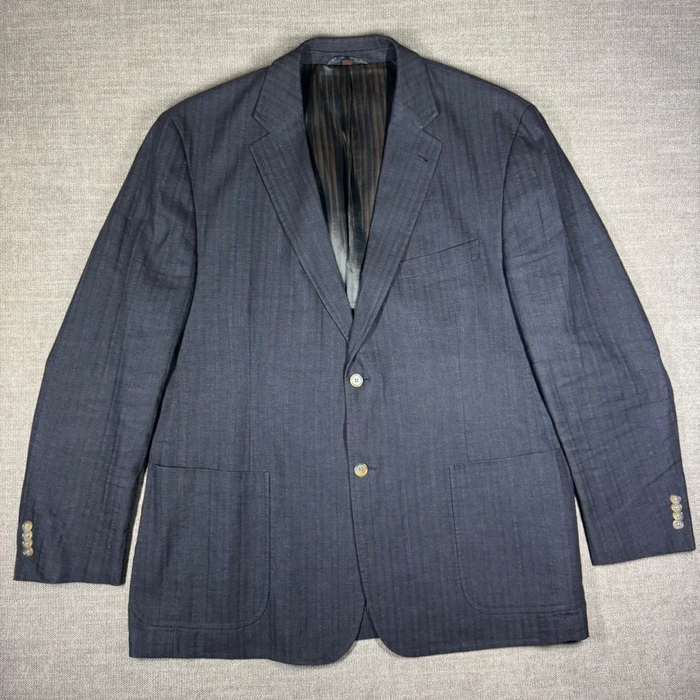 Kroon Bono‎ Navy Blue Pinstripe Linen Cotton Blazer Sport Coat Mens 46R *